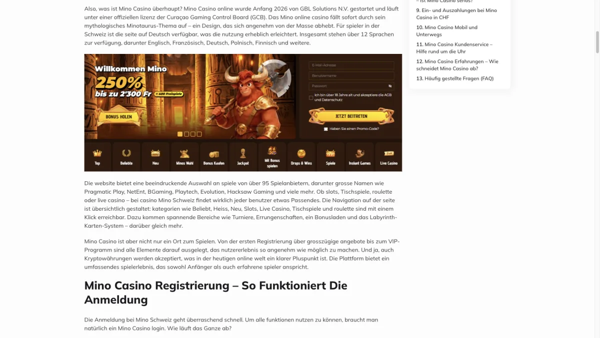 Offizielle Mino-Casino-Seite (Schweiz-Ausgabe)